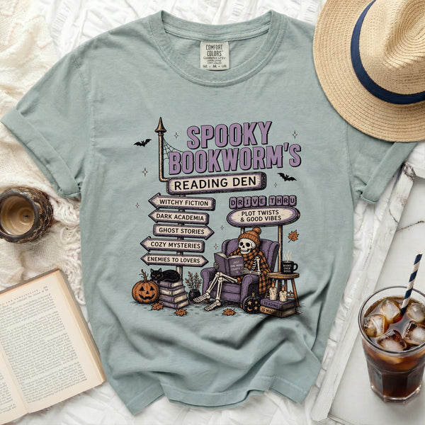 Spooky Bookworm's Den Tee in Bay