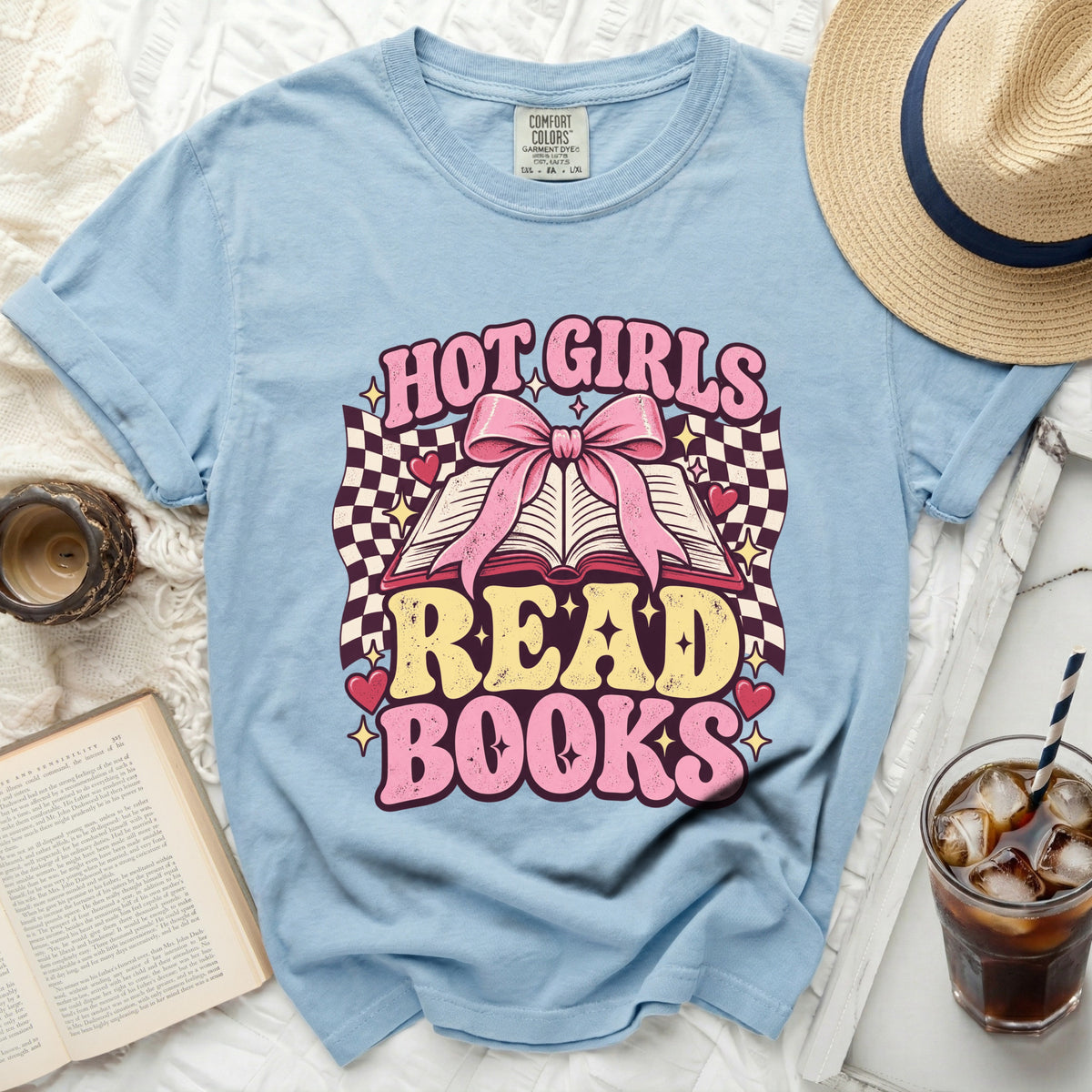 Blue t-shirt with "Hot Girls Read Books" graphic and open book.
