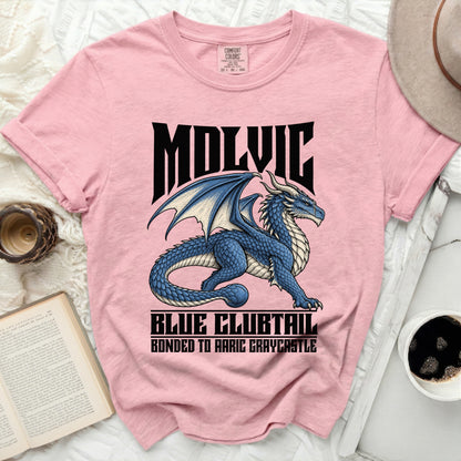 Pink t-shirt with blue dragon graphic and text "MOLVIC BLUE CLUBTAIL BONDED TO AARIC GRAYCASTLE".