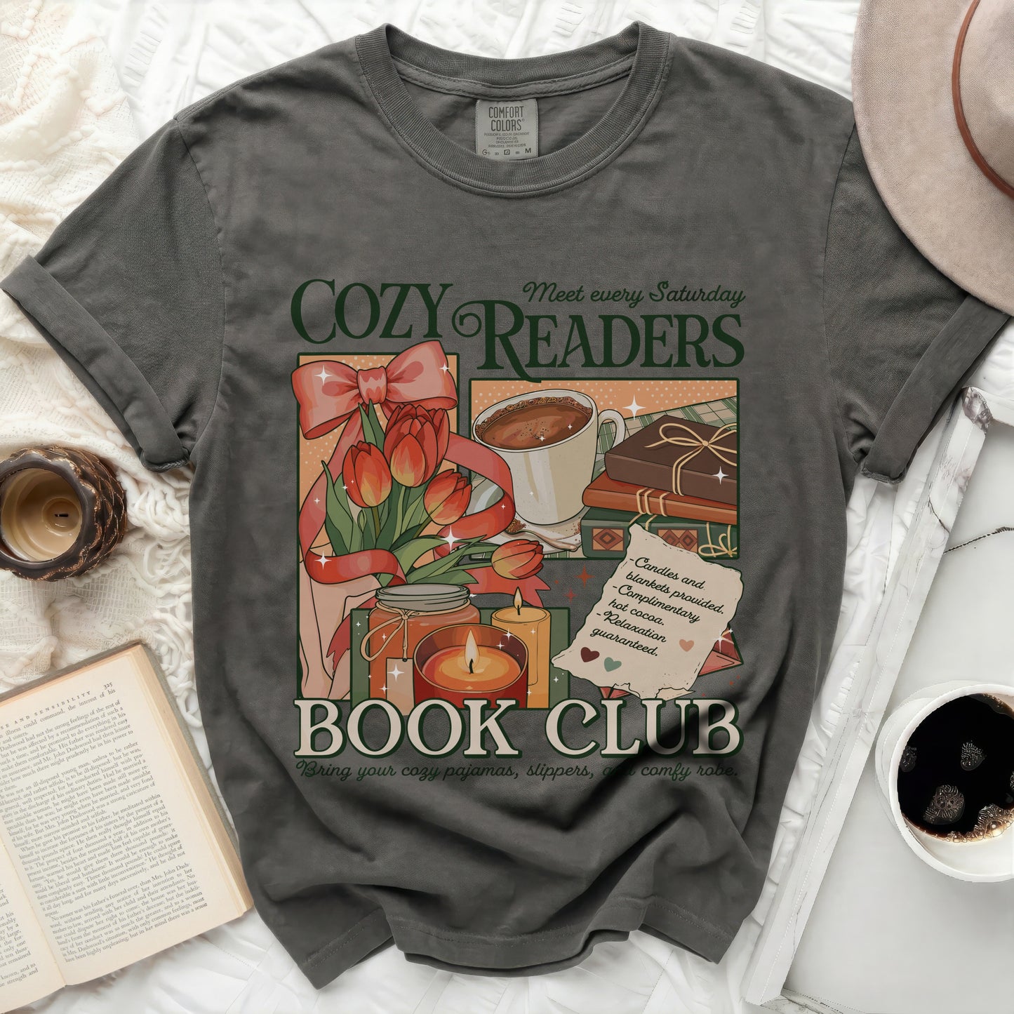 Comfort Colors t-shirt with "Cozy Readers Book Club" graphic and cozy reading accessories.