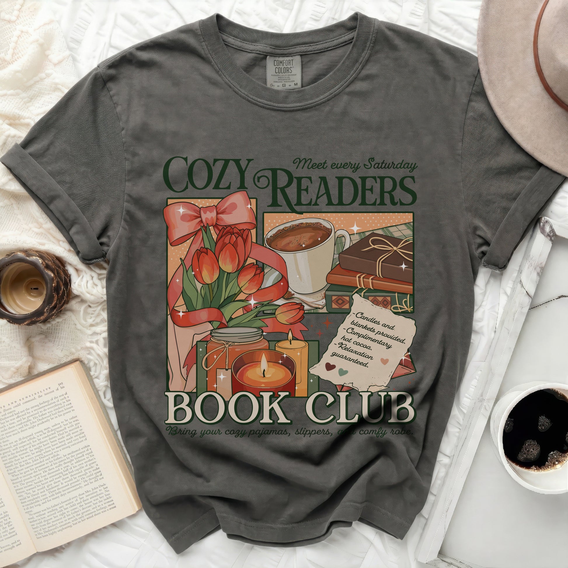 Comfort Colors t-shirt with "Cozy Readers Book Club" graphic and cozy reading accessories.