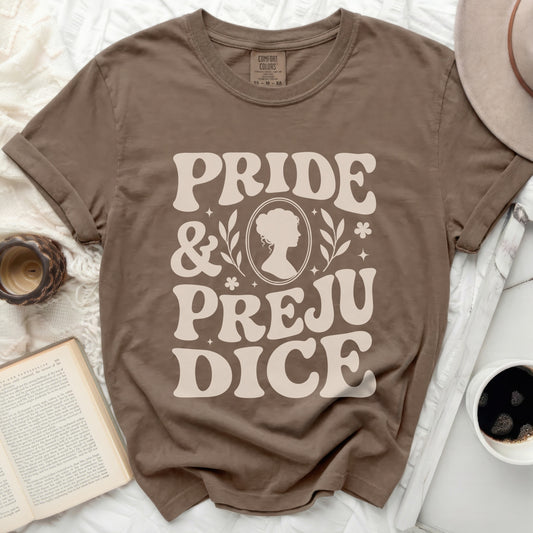 Brown t-shirt with "Pride & Prejudice" in retro font and cameo silhouette.