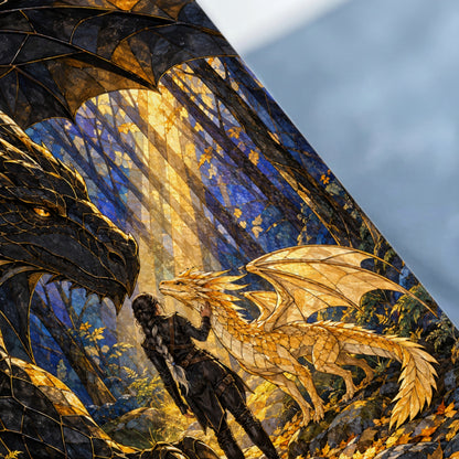 Black and golden dragons with a woman in a forest with stained-glass lighting.