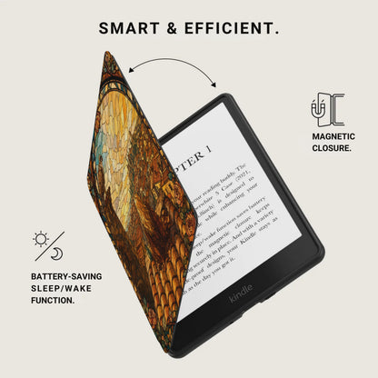 Kindle with stained glass cover, magnetic closure, and battery-saving sleep/wake function.