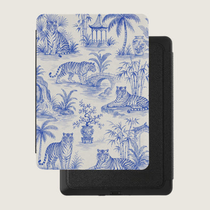 E-reader cover with blue and white tiger toile pattern.