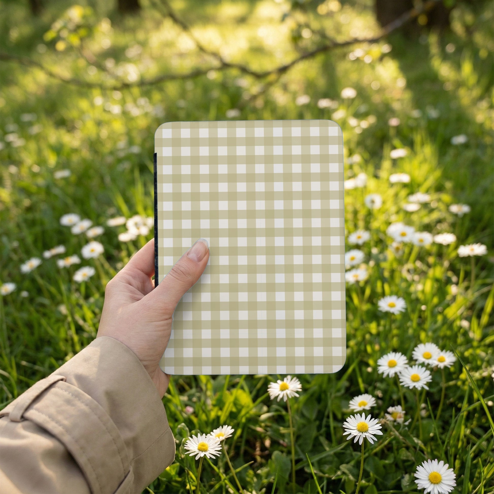 Beige and White Checkered Tablet or E-Reader Cover