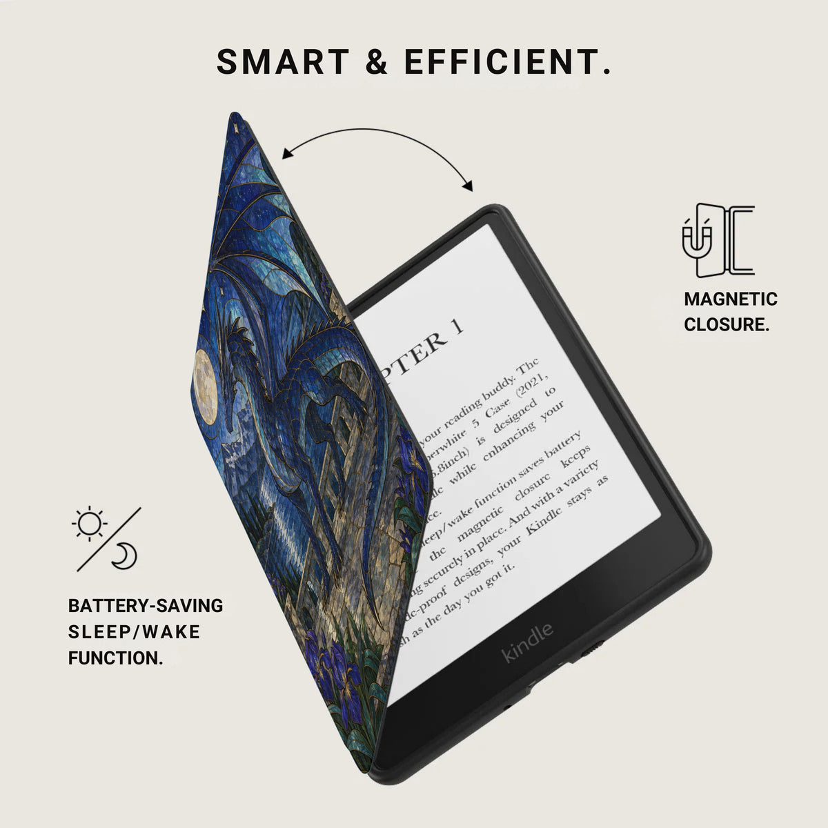 Kindle e-reader with a dragon stained glass pattern case and magnetic closure.