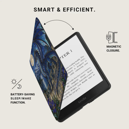 Kindle e-reader with a dragon stained glass pattern case and magnetic closure.