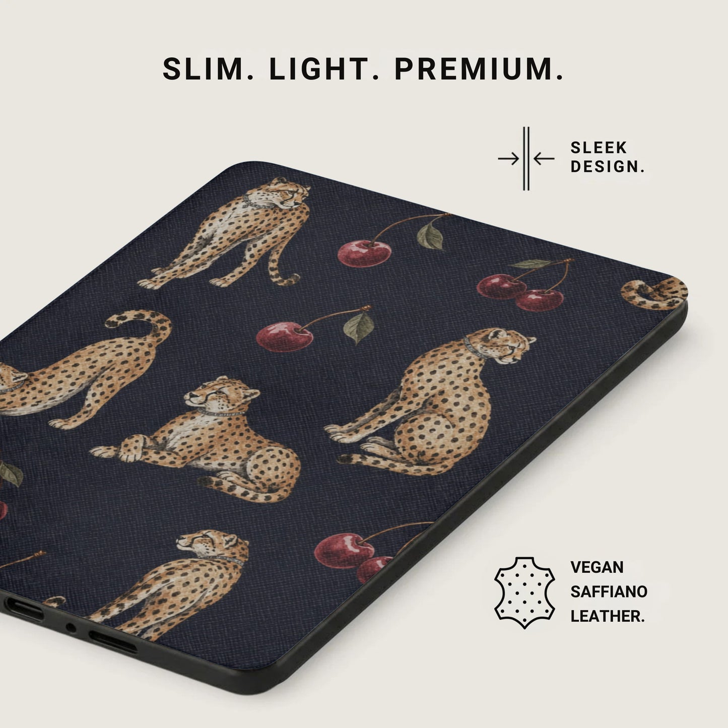 Dark blue case with cheetah and cherry pattern, vegan saffiano leather.
