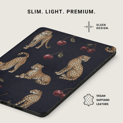 Dark blue case with cheetah and cherry pattern, vegan saffiano leather.