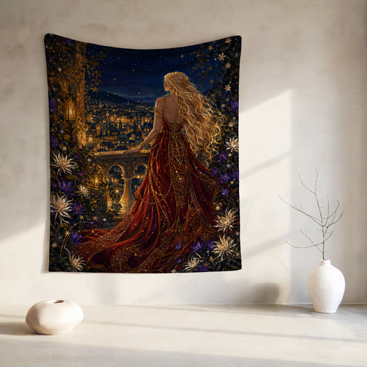 Tapestry of a woman in a red gown overlooking a starry city at night.