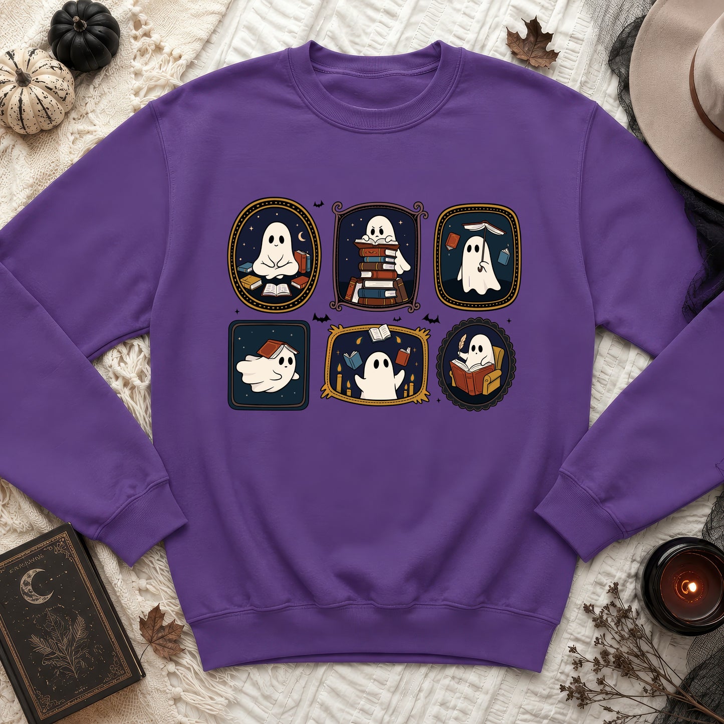 Purple sweatshirt with a spooky ghost reading book graphic on the chest.