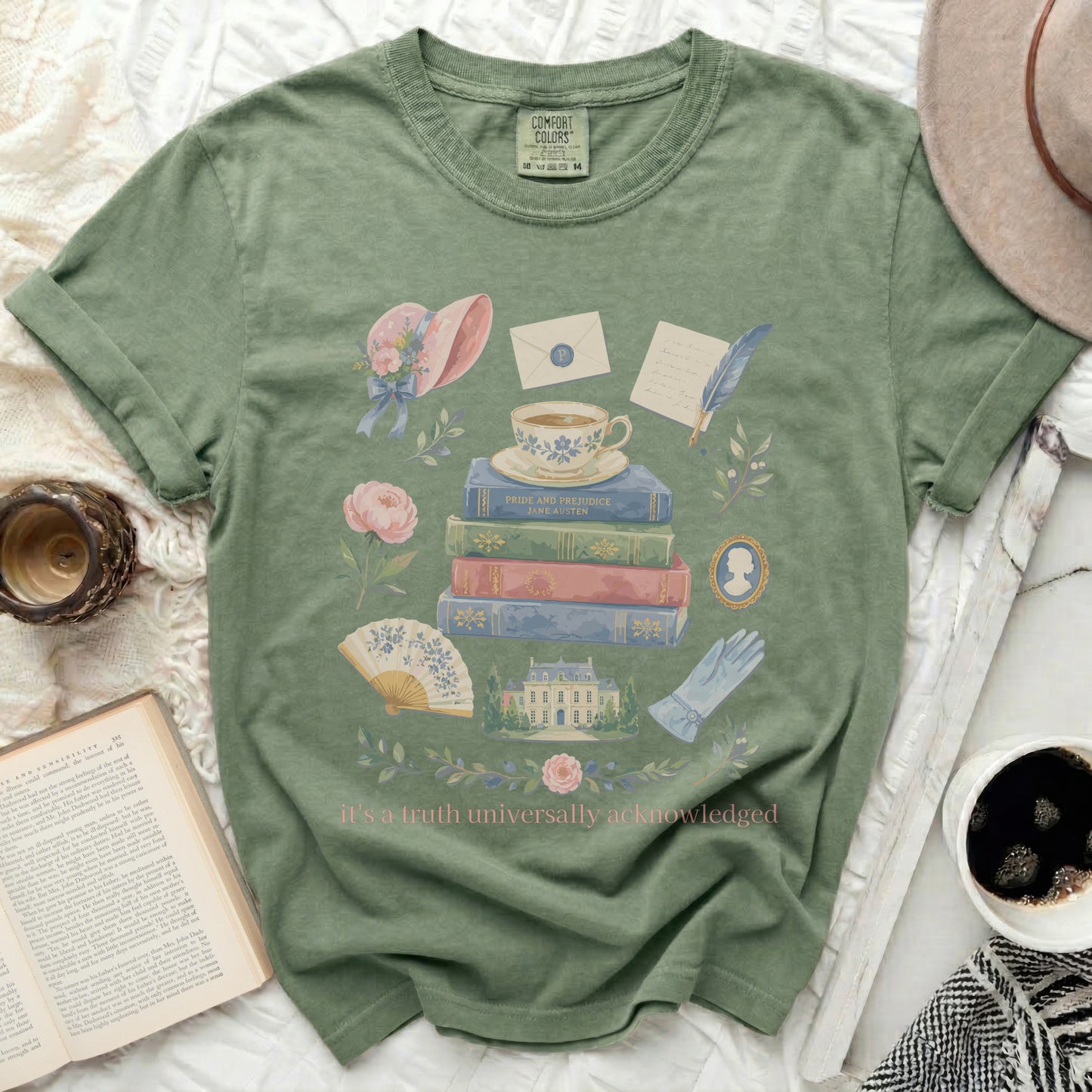 Green Comfort Colors t-shirt with Jane Austen-themed artwork and quote.