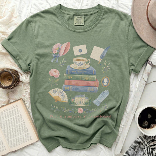 Green Comfort Colors t-shirt with Jane Austen-themed artwork and quote.