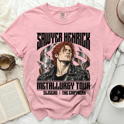 Pink t-shirt with Sawyer Henrick's "Metallurgy Tour" artwork featuring a man and metal.
