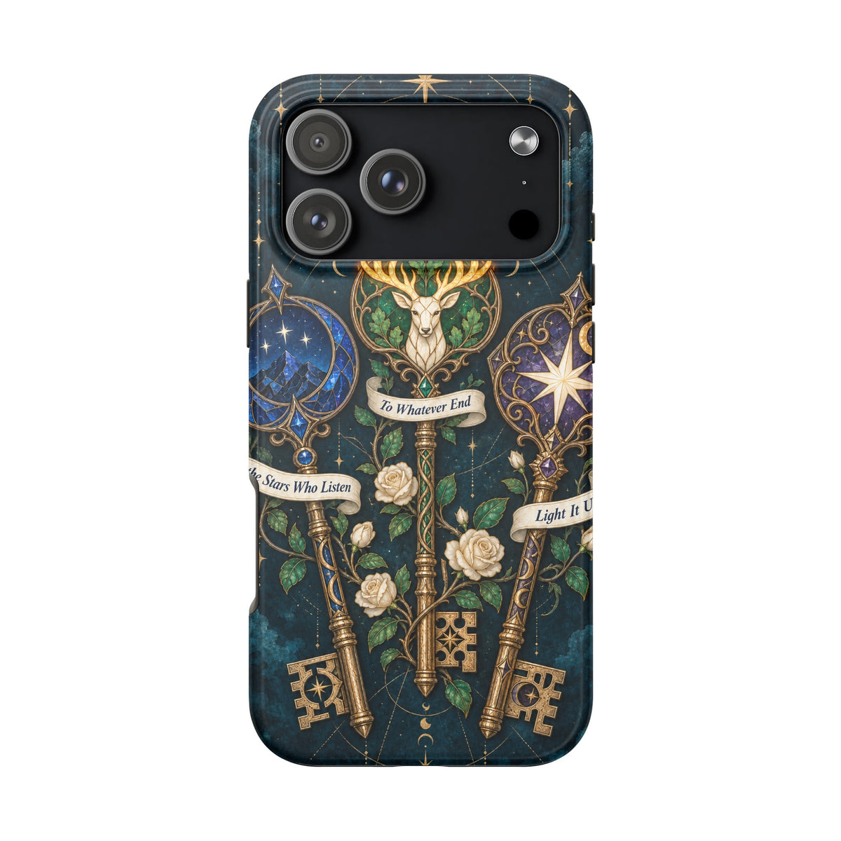 Dark blue phone case featuring three ornate golden keys, white roses, and celestial banners.