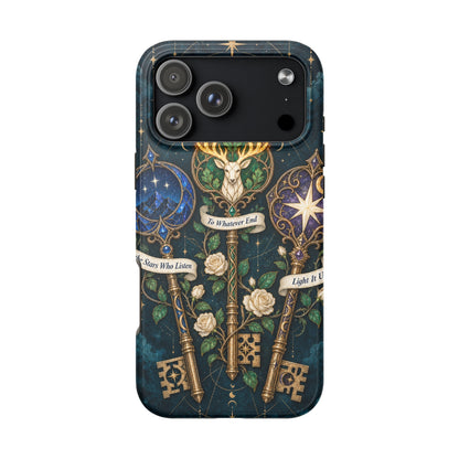 Dark blue phone case featuring three ornate golden keys, white roses, and celestial banners.
