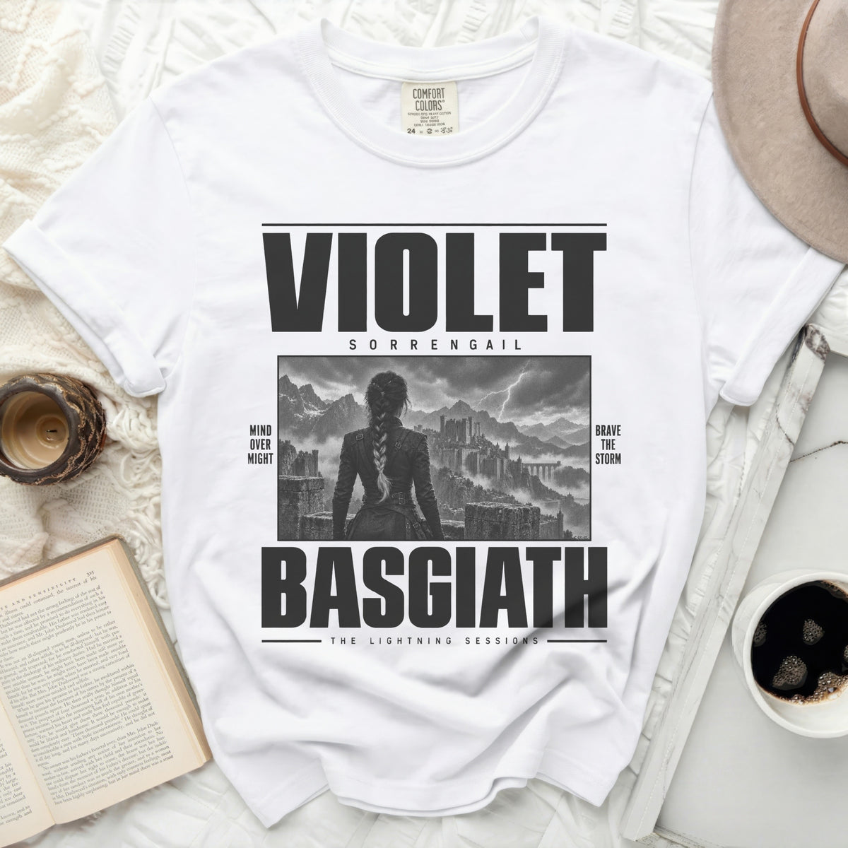 White t-shirt with "VIOLET SORREANGAIL BASGIATH THE LIGHTNING SESSIONS" text.