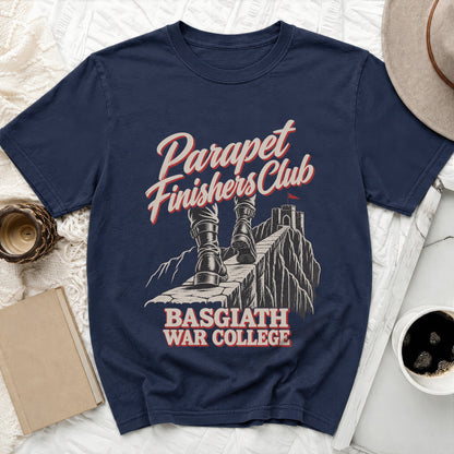 Navy t-shirt with "Parapet Finishers Club Basgiath War College" text and graphic.