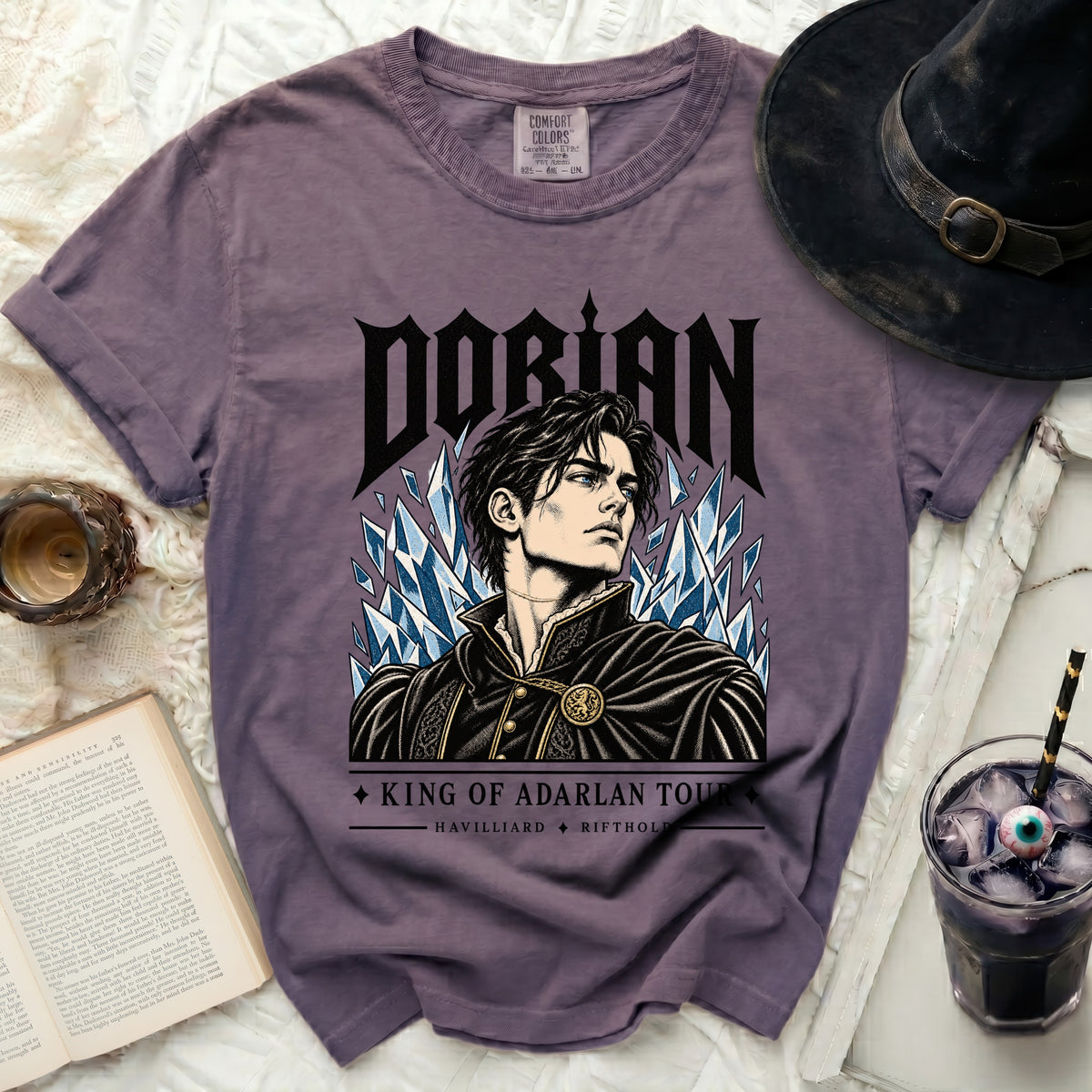 Dorian King of Adarlan Tour graphic t-shirt with an illustration of a man and ice crystals.