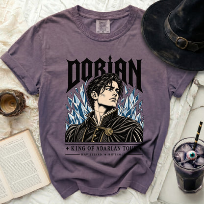 Dorian King of Adarlan Tour graphic t-shirt with an illustration of a man and ice crystals.