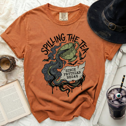 Orange t-shirt with "Spilling the Tea" and "Since Phyrian Began" graphic.