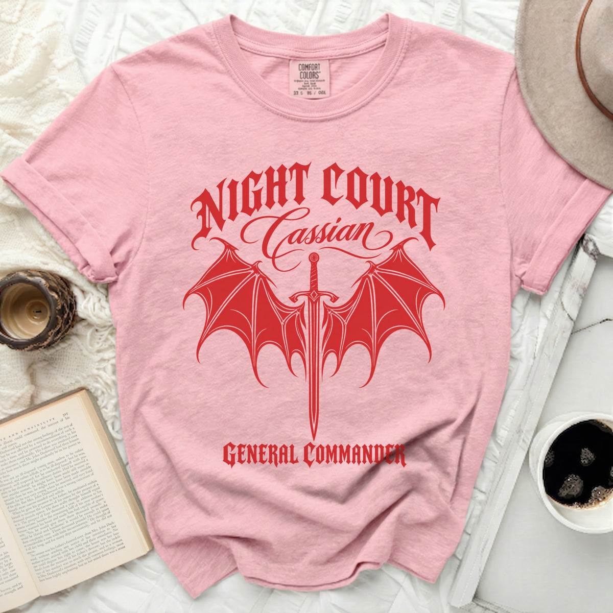 Pink t-shirt with red "Night Court Cassian General Commander" design.