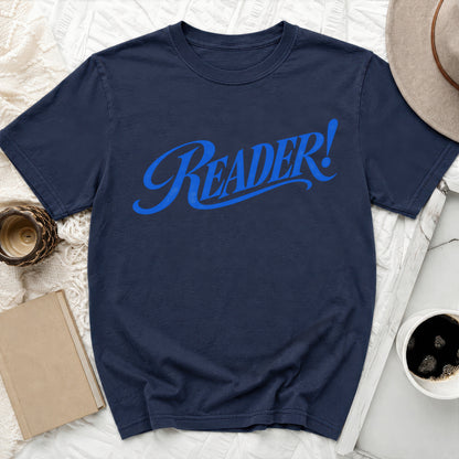 Navy t-shirt with blue "READER!" text in a script font.