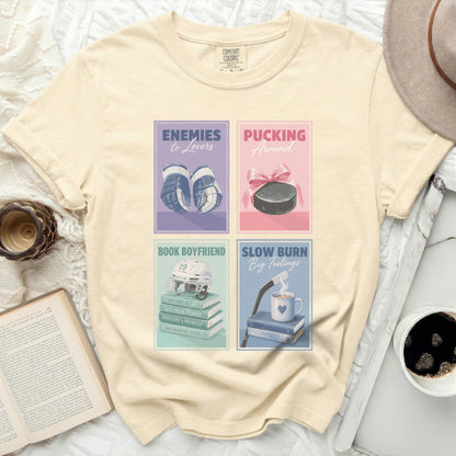 Four book covers: "Enemies to Lovers," "Pucking Around," "Book Boyfriend," and "Slow Burn Big Feelings."