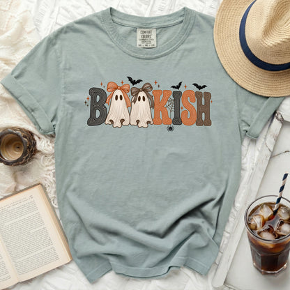 Green t-shirt with "Boo-kish" graphic featuring ghosts and bats.