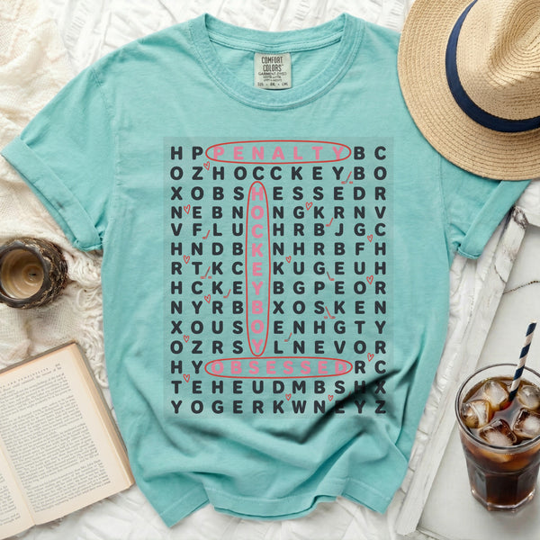 Hockey Word Search Obsessed Tee in Island Reef