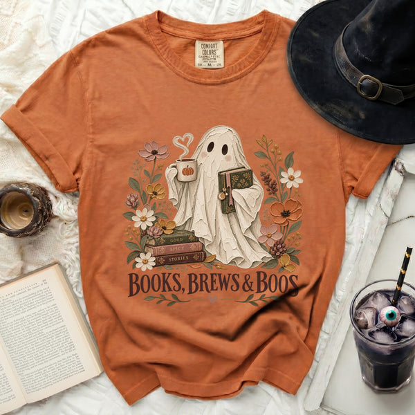 Books Brews Boos Tee in Yam