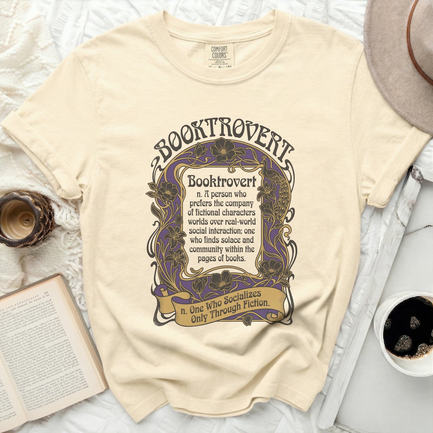 Cream t-shirt with "Booktrovert" text and definition.