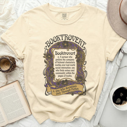 Cream t-shirt with "Booktrovert" text and definition.