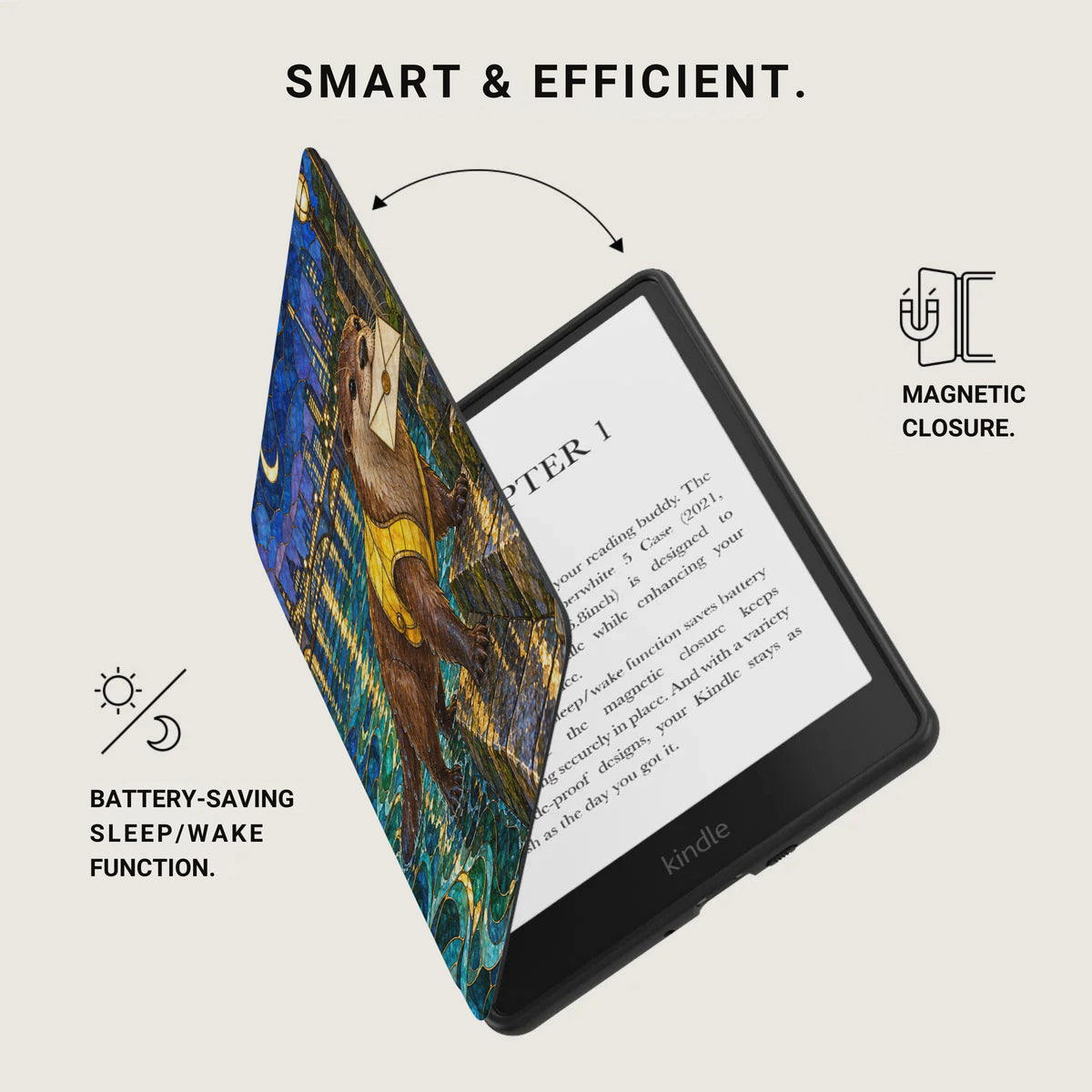 Kindle with stained glass otter case open, showing magnetic closure and battery-saving function.
