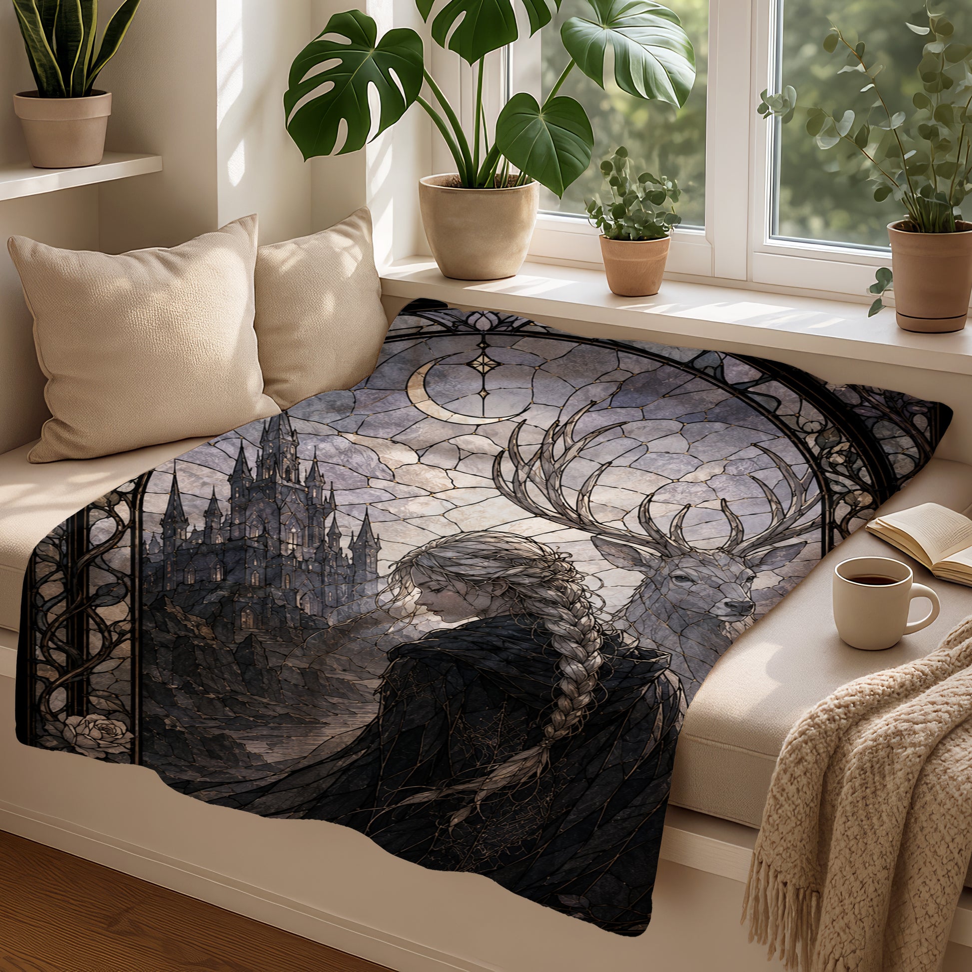 Fleece blanket with a dark fantasy scene of a castle, moon, and deer.