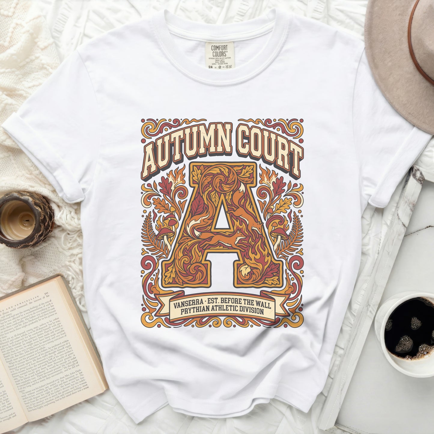 Autumn Court Vanserra athletic division t-shirt with ornate letter A.