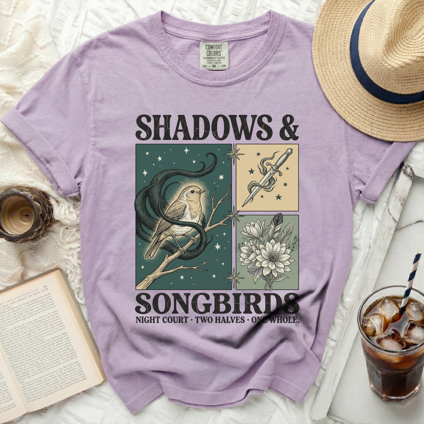 Purple Comfort Colors t-shirt with "Shadows & Songbirds" graphic.