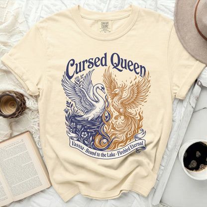Cream t-shirt with "Cursed Queen" and phoenix and swan design.