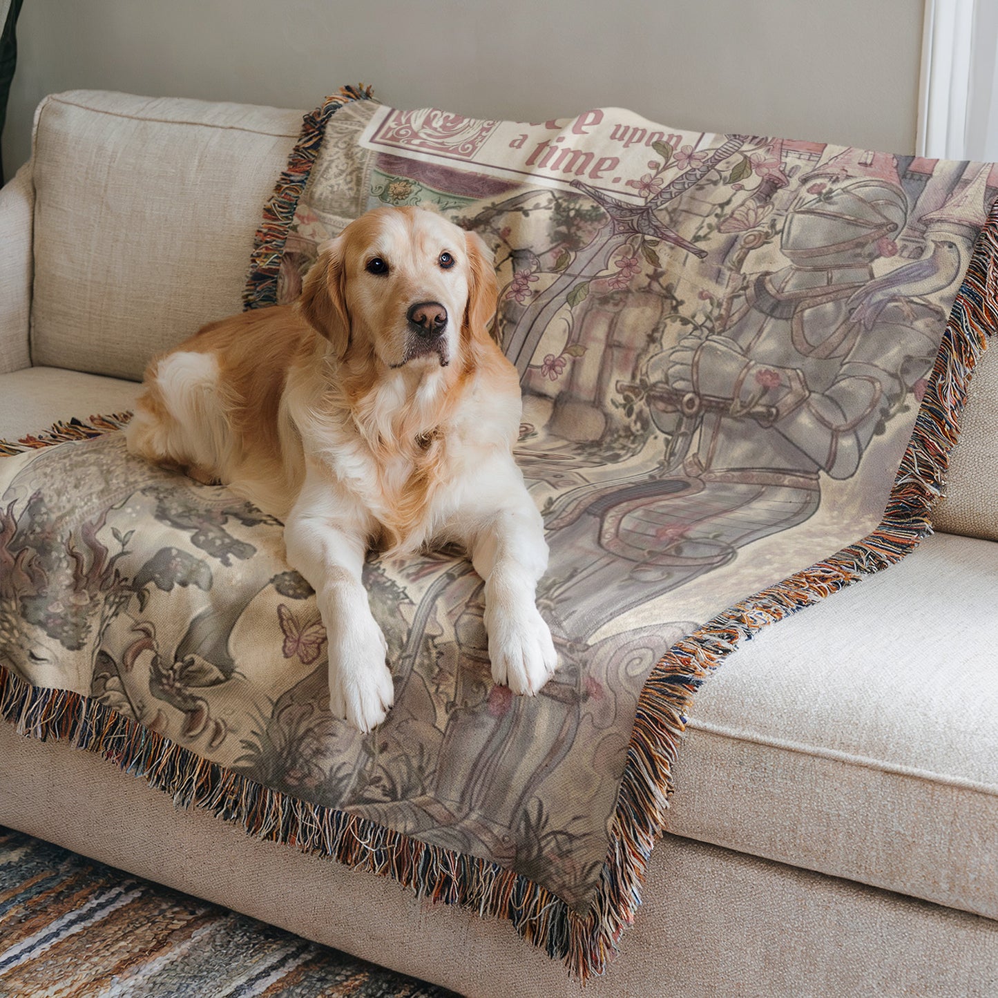A golden retriever dog is sitting on a couch, looking directly at the camera.