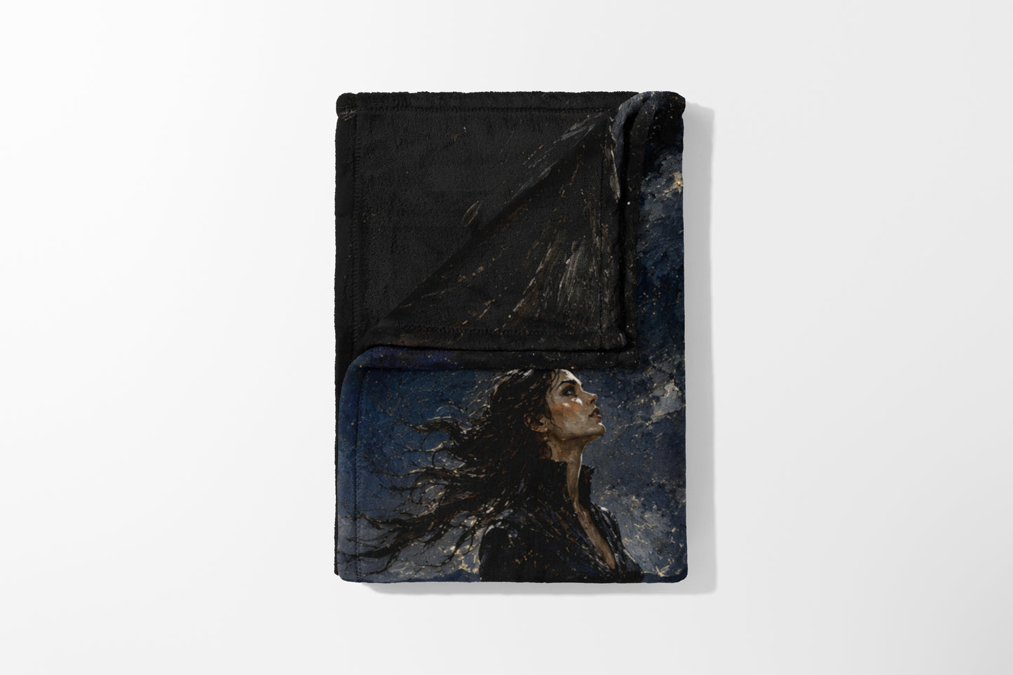 Fleece blanket with a dark, painterly depiction of a woman looking upwards.