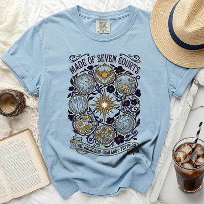 Light blue t-shirt with "Made of Seven Courts" and "Feyre Archeron High Lady Prythian" text.