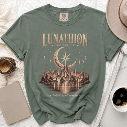 T-shirt with "Lunathion Crescent City" text over a castle and moon graphic.