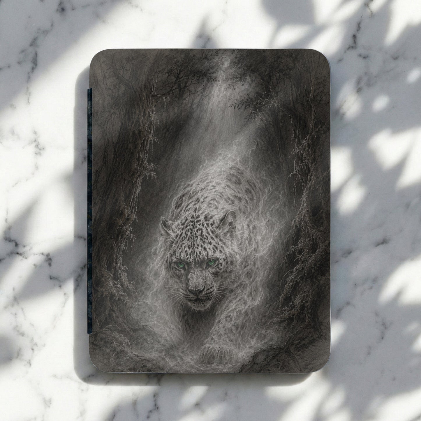 Pencil drawing of a snow leopard with green eyes emerging from a misty forest.