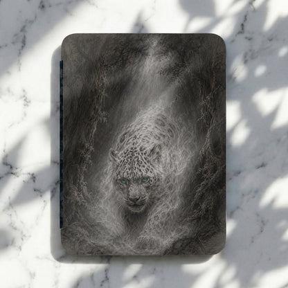 Pencil drawing of a snow leopard with green eyes emerging from a misty forest.