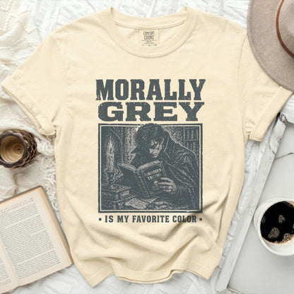 Cream t-shirt with "Morally Grey Is My Favorite Color" text and illustration.