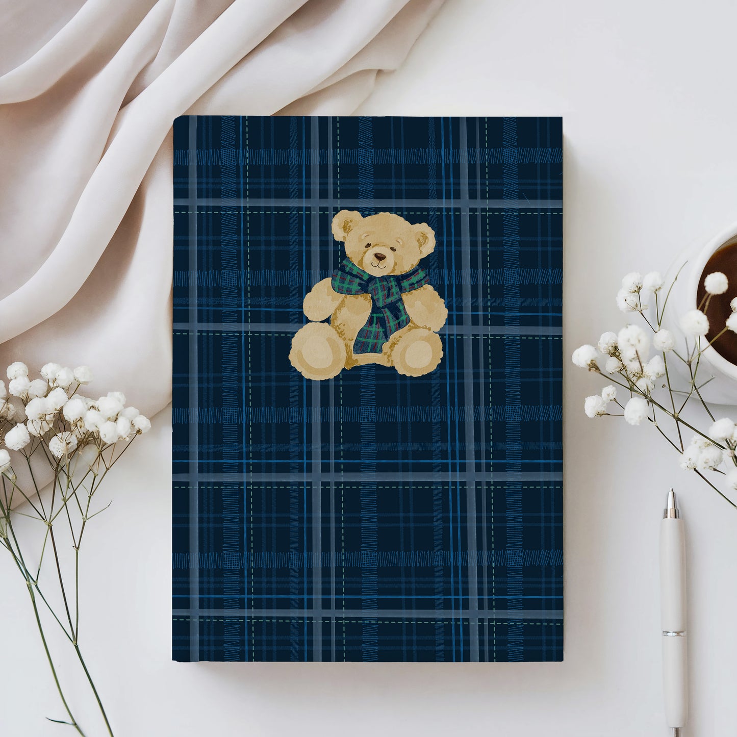 Cute Teddy Bear Sketch on Blue Plaid Pattern Journal