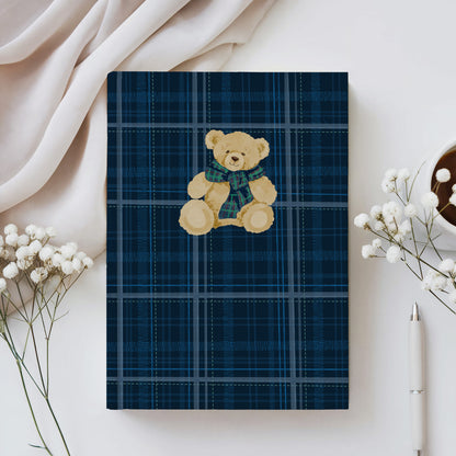 Cute Teddy Bear Sketch on Blue Plaid Pattern Journal