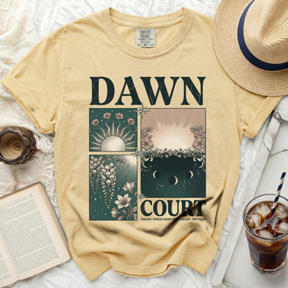 Yellow t-shirt with "DAWN COURT" and celestial graphics.