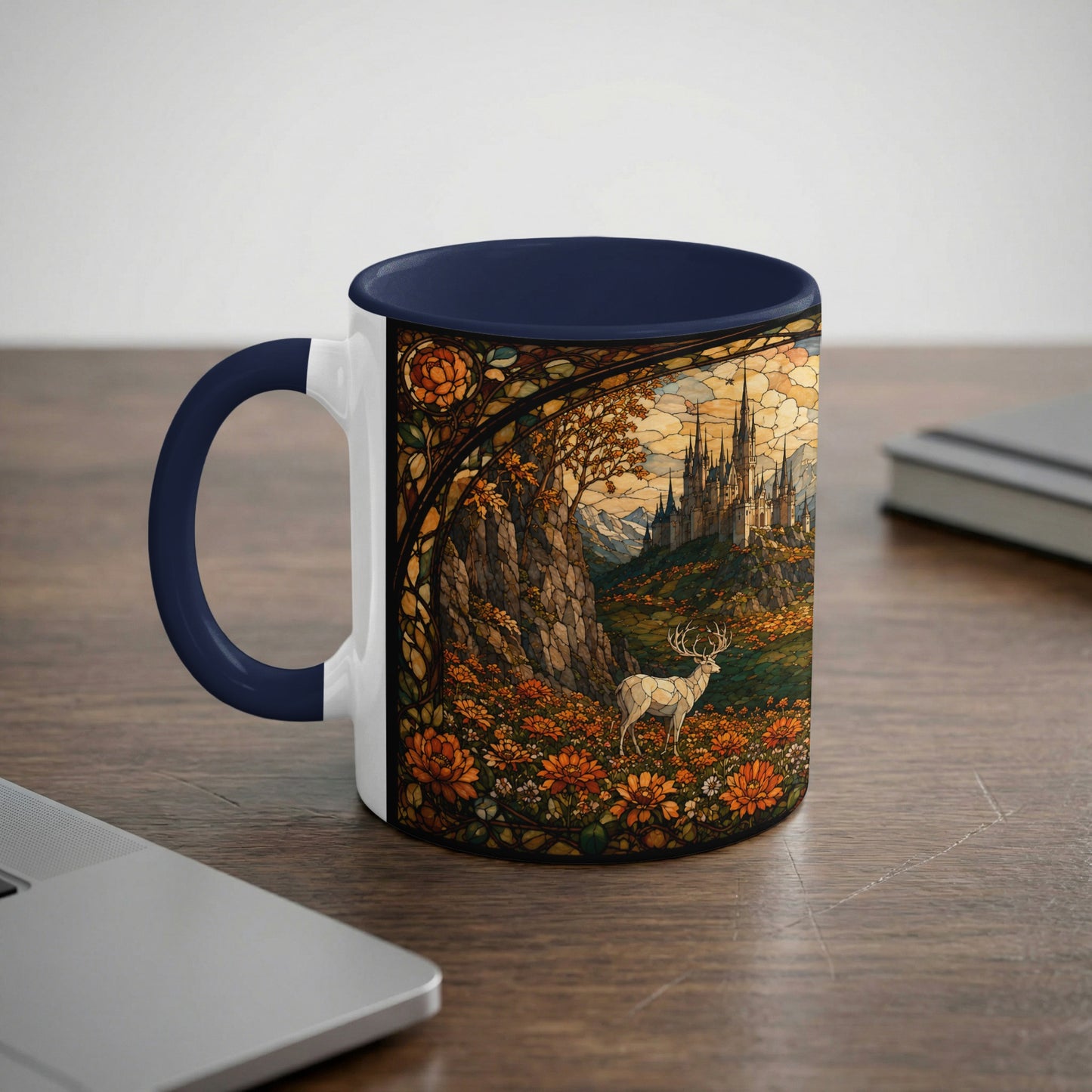 Mug with stained glass design of a stag in a flower field before a castle.